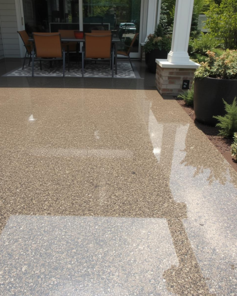 beige flake patio epoxy coating on covered concrete patio in plain city oh