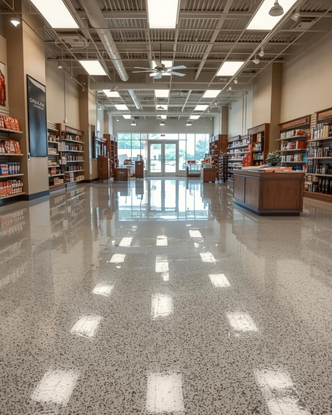 modern bookstore with polished commercial epoxy flooring