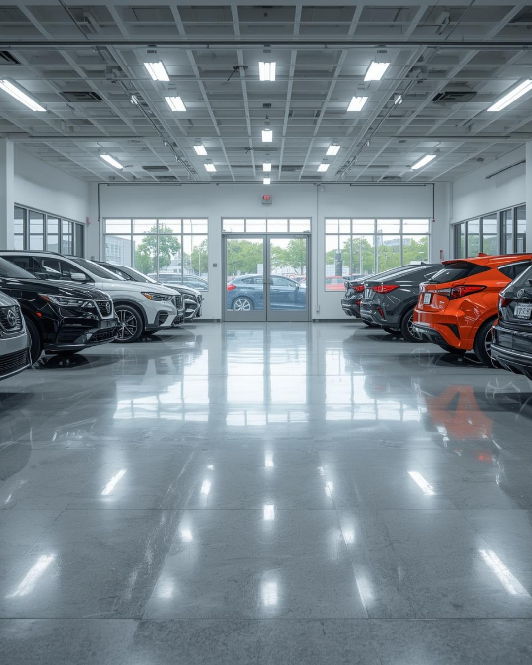 auto showroom with high gloss epoxy floors