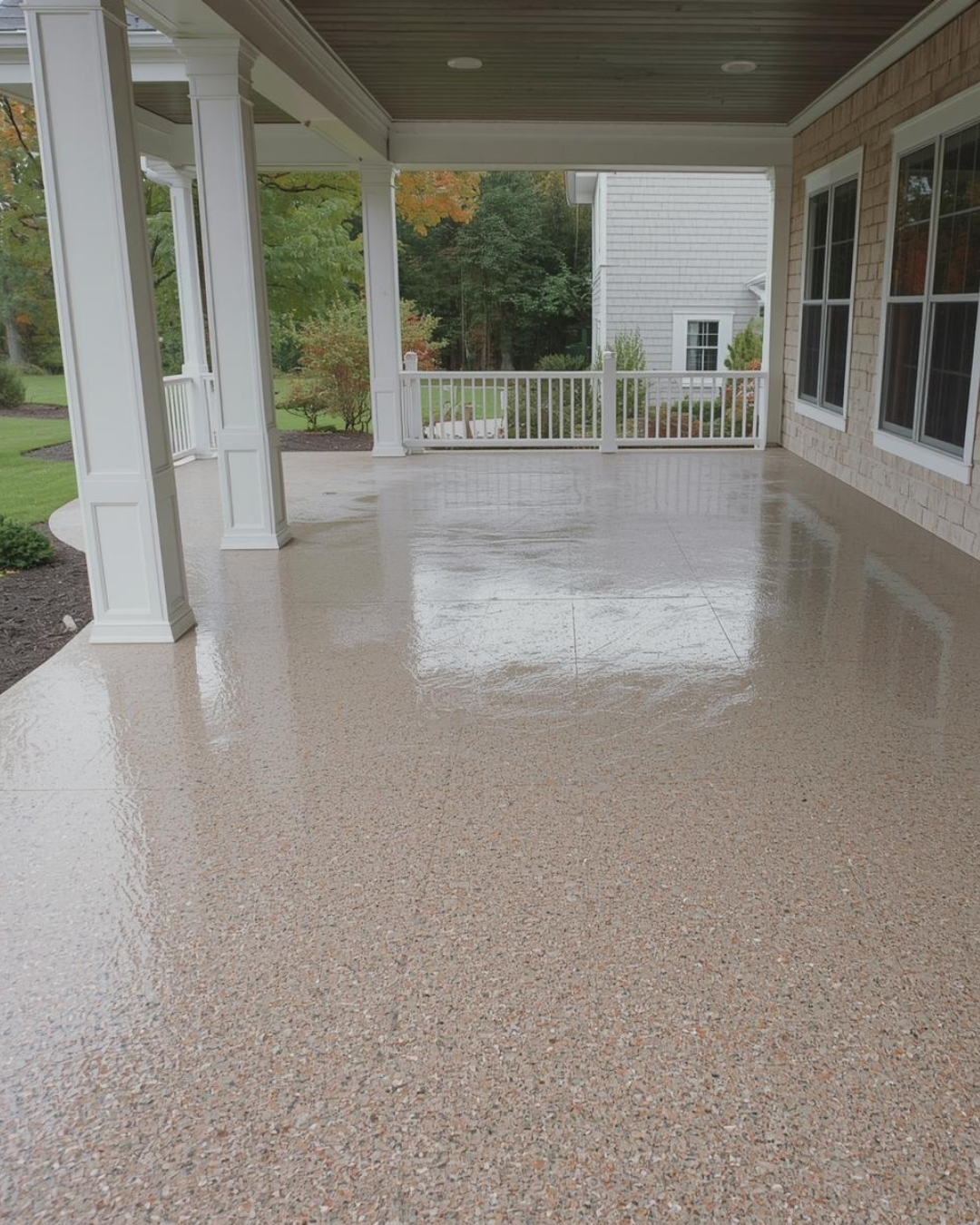 cream flake patio epoxy installation on covered residential patio in marysville oh