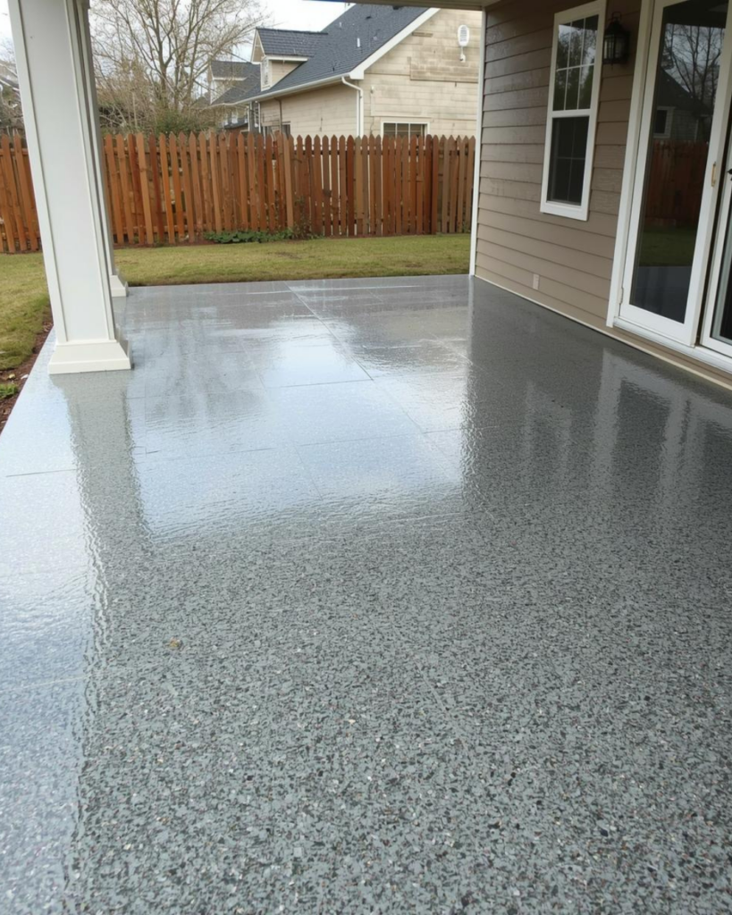 gray flake patio epoxy coating on covered concrete patio in marysville oh