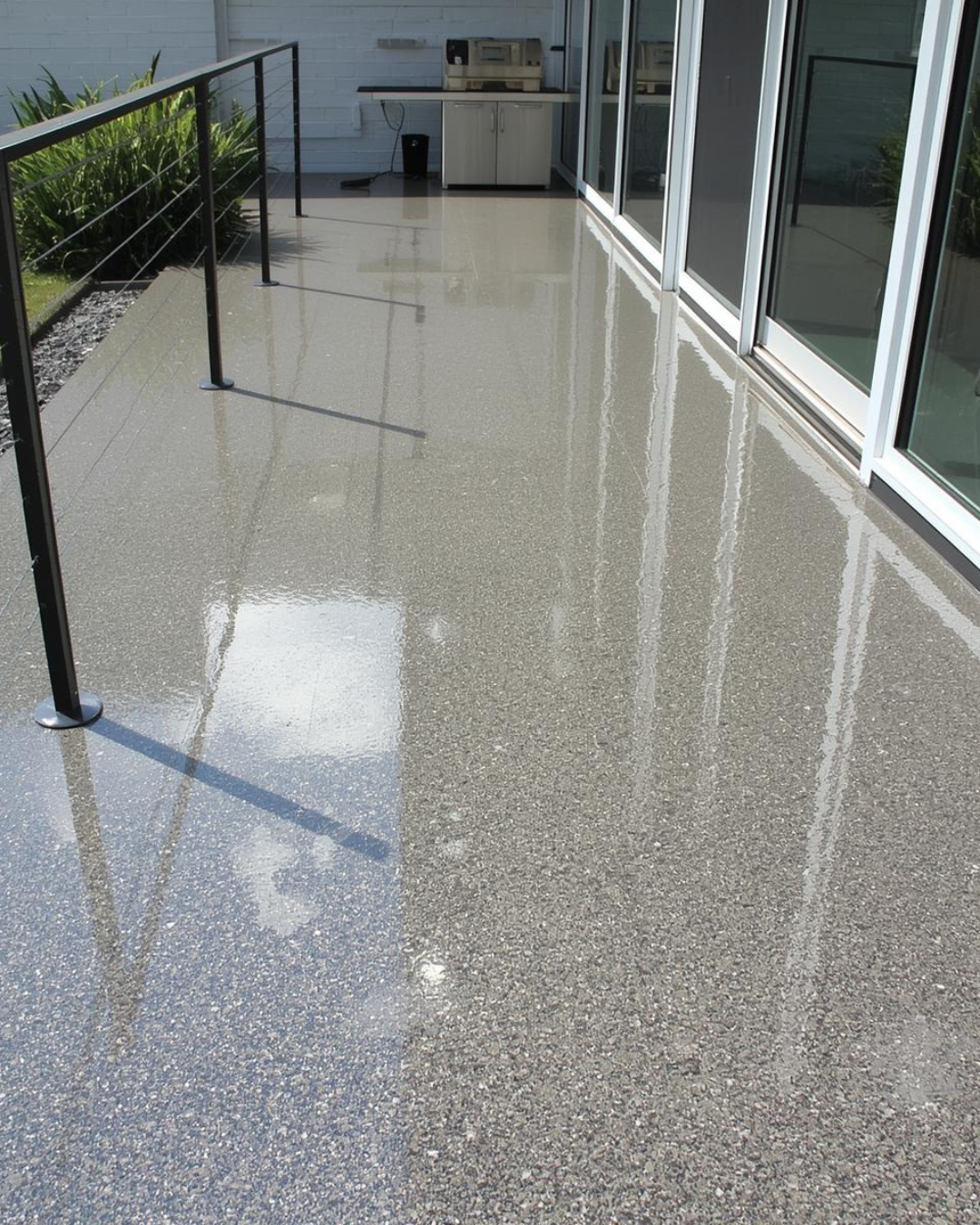 light gray flake patio epoxy installation on modern concrete patio in columbus oh