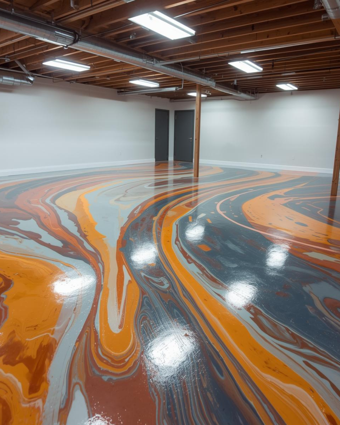 metallic swirl basement epoxy floor design