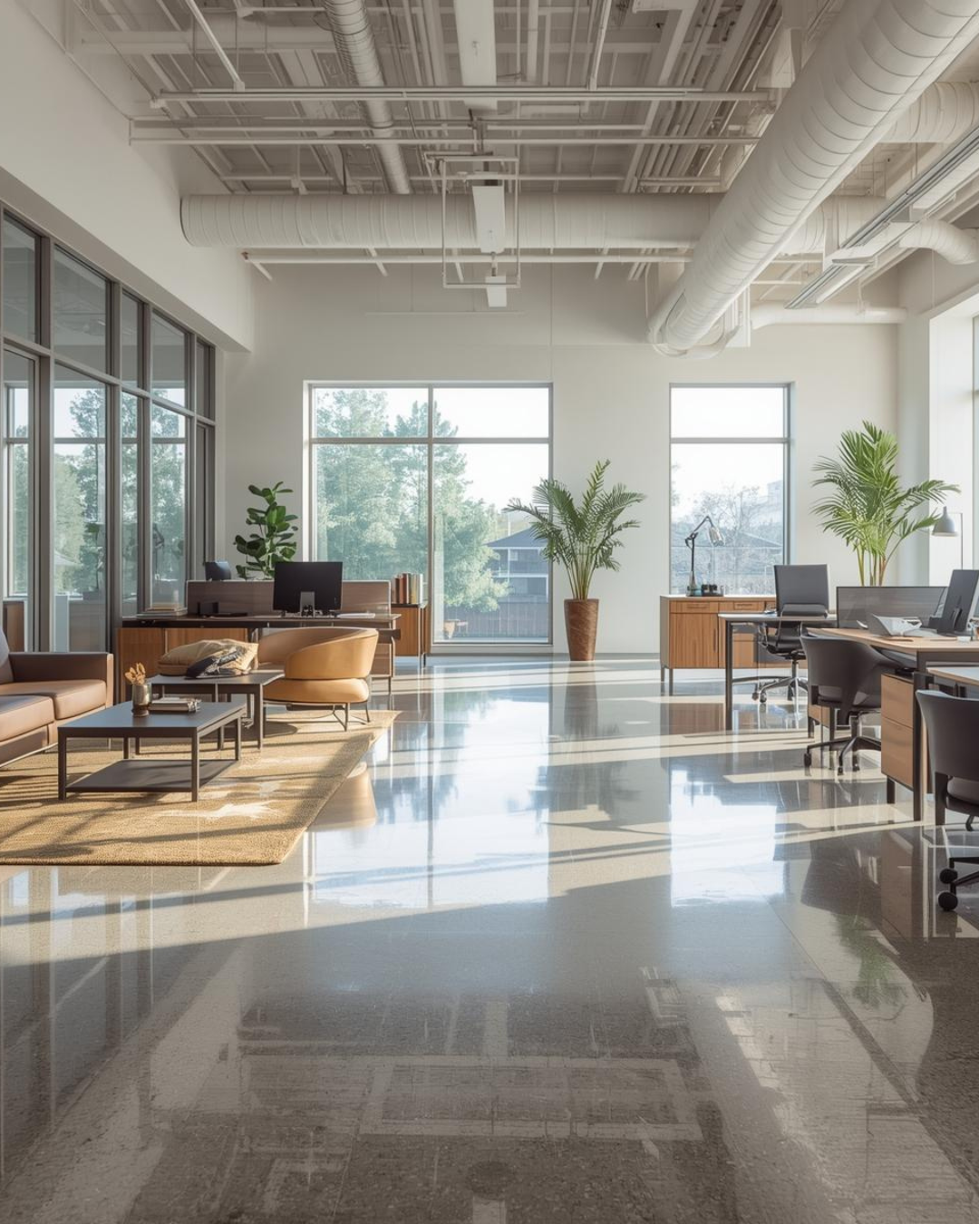 contemporary office with reflective epoxy floor coating
