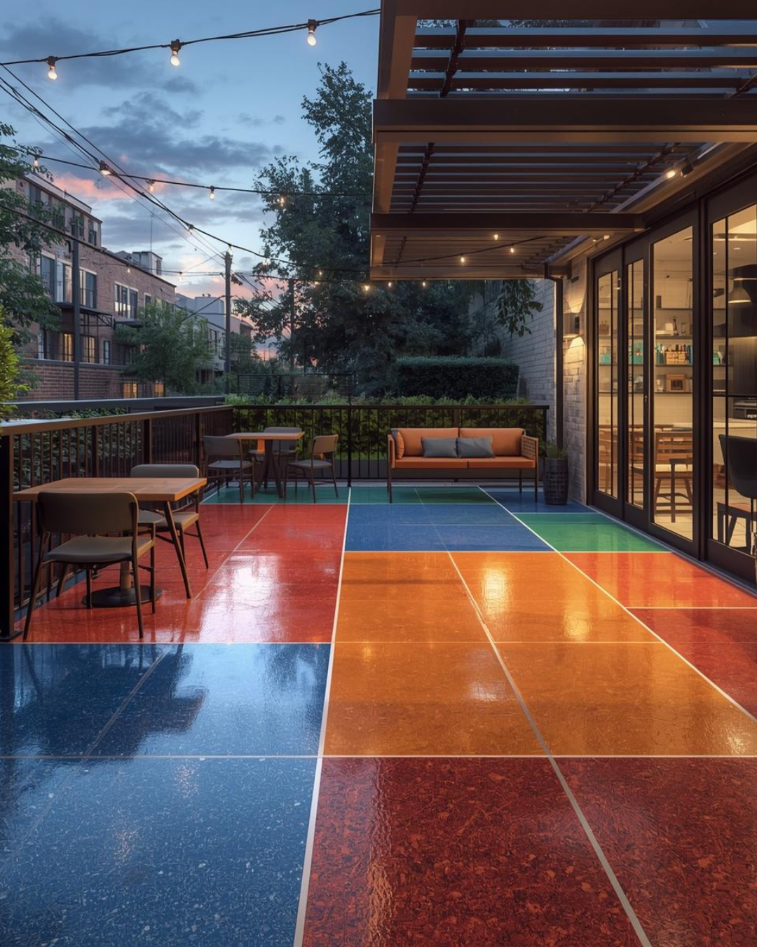 outdoor restaurant patio with colorful epoxy flooring