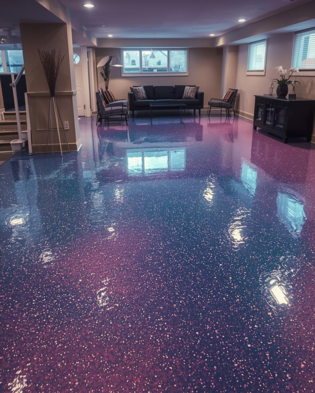 purple metallic basement epoxy floor finish
