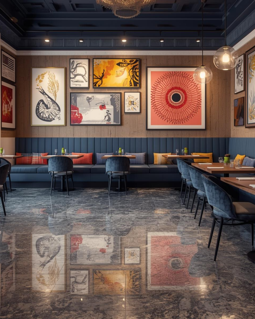 restaurant interior with marble style epoxy flooring