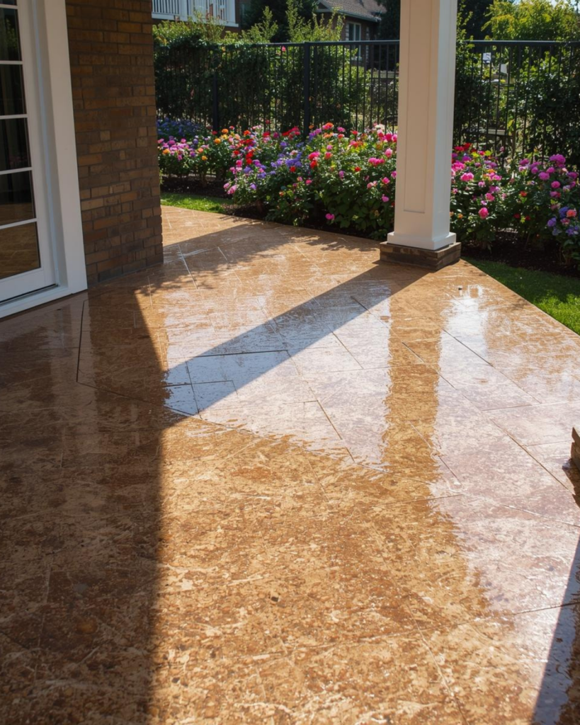 tan stone style patio epoxy coating installation on outdoor patio in columbus oh