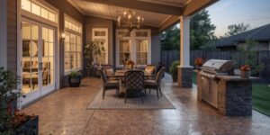 Covered patio with a round dining table and six chairs, chandelier, built-in grill, potted plants, and a fenced backyard